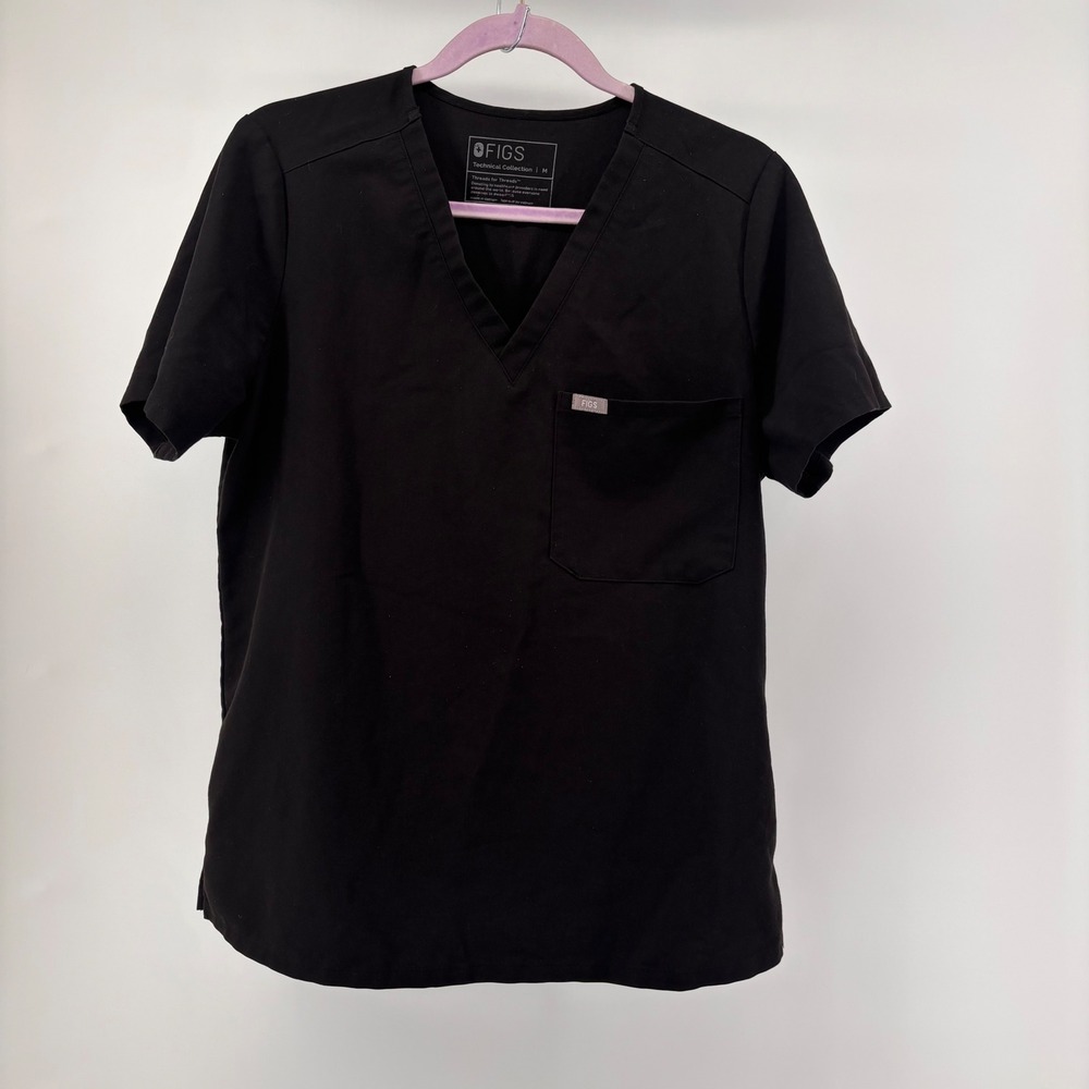 FIGS Black Technical Collection Scrub Top V-Neck Short Sleeve Chest Pocket‎ M